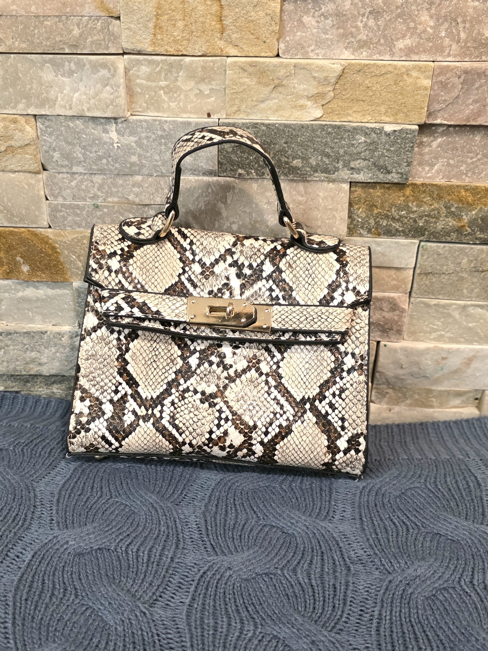 Snake-Print Top-Handle/shoulder Satchel in Cream and Brown